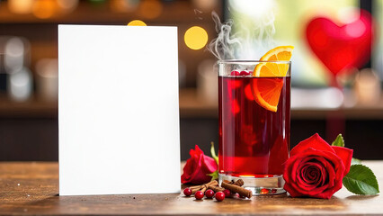 Close-up white card mockup with space for menu text stands on the table next to glass with mulled wine, rose nearby, cafe with red heart-shaped balloons on blurred background, Valentine's Day concept