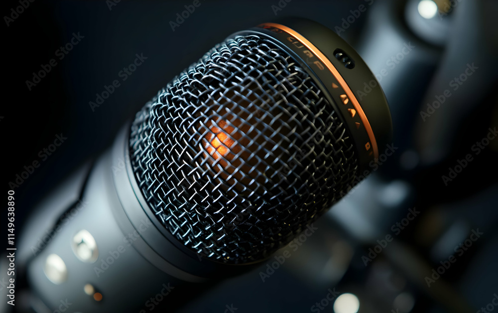 Poster close-up of a microphone, highlighting its mesh and design for audio recording.