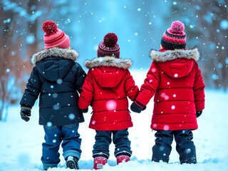 Three bundled kids walk through falling snowflakes

