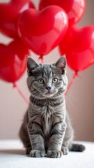  one kitten sitting on white table with many red heart-shaped balloons in the background concept of love, Valentine's Day, pet care