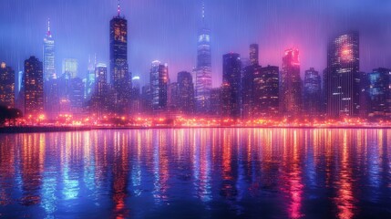 Fototapeta premium Neon city skyline reflected in rainy water.