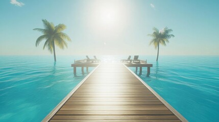 Tranquil ocean scene with wooden pier, palm trees, and lounge chairs.