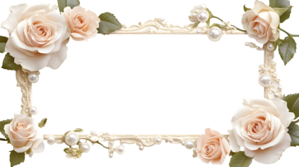 A romantic photo frame with roses and pearls, isolated on white 