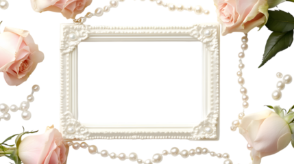A romantic photo frame with roses and pearls, isolated on white 