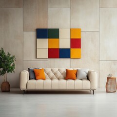 Beige Tufted Sofa Against Colorful Mosaic Concrete Wall