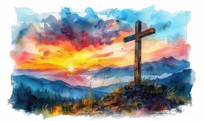 Obraz premium Majestic sunset over mountains with a wooden cross in a cave, symbolizing faith and reflection