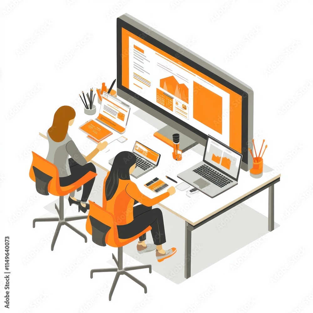 Poster two women collaborate on design project at a desk with multiple laptops and large monitor.
