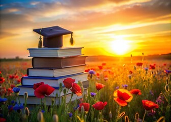 Silhouette of Colorful Books on Graduation Cap Amidst Vibrant Poppy Field