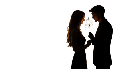 A romantic couple holding sparklers, isolated on white 