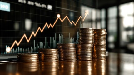 A close-up view of stacked coins with a financial growth chart in the background, illustrating investment and economic progress.