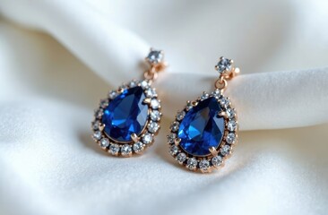 Beautiful Golden pair of earrings with sapphire on a white satin background. Luxury female jewelry, close-up. Selective focus