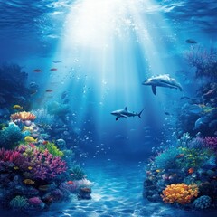 Fototapeta premium Underwater scene with dolphins, sharks, and coral reef.