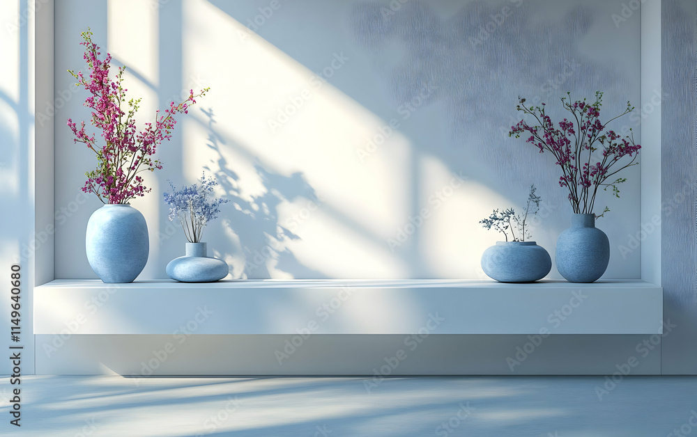 Poster a serene display of vases with flowers on a minimalist shelf, illuminated by soft light.
