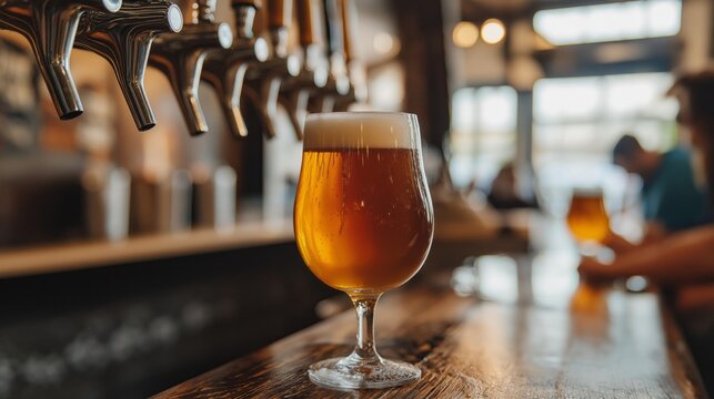A skilled bartender expertly pours a frothy golden beer into a chilled glass, capturing the essence of relaxation and social camaraderie in a lively bar atmosphere