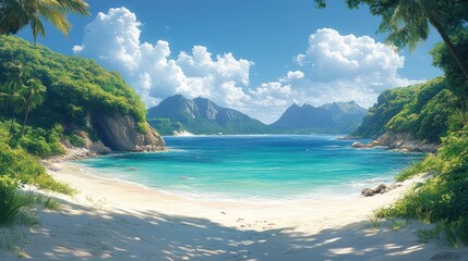 Fototapeta premium Secluded tropical beach, turquoise water, lush mountains.
