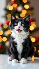 kitten sitting on white table with a background of a Christmas tree concept of holiday celebrations, festive pets