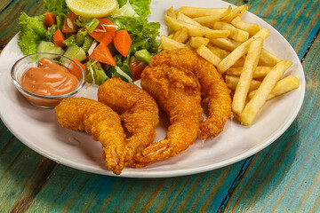 Golden fry prawns with french potato