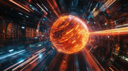 Fototapeta premium High-speed data streams traveling across a glowing holographic globe 