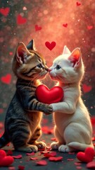 two kittens standing facing each other holding a large heart, against a background of hearts concept of love, friendship, pet care