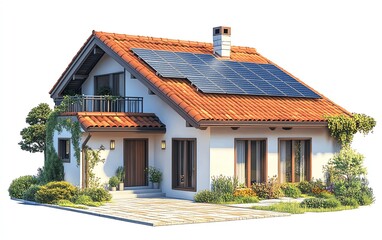 A house with a roof covered in solar panels, providing clean energy while blending seamlessly into a green, sustainable environment