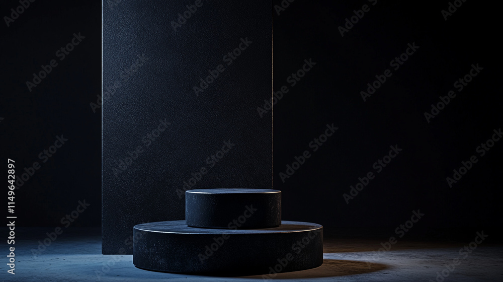 Poster dark minimalist display with cylindrical and rectangular structures in studio setting.