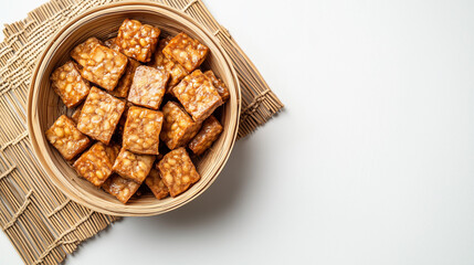 Surowy tempeh w misce, podany na białym tle, z dużą przestrzenią na napisy lub projekt graficzny.