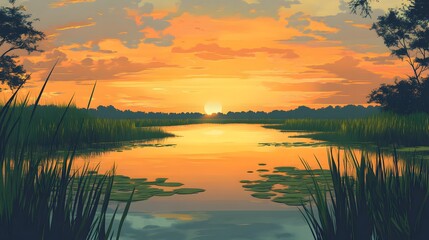 Obraz premium Serene Sunset Over Calm Lake Water And Reeds