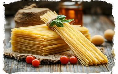 A rustic display of spaghetti, eggs, cherry tomatoes, and honey, emphasizing Italian cuisine.