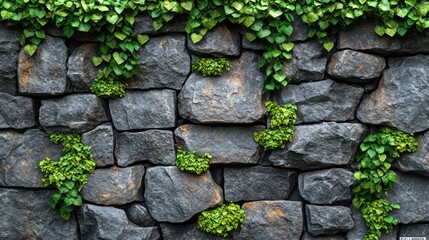 Stone wall, vibrant green ivy growing.