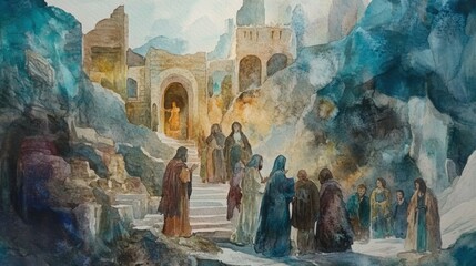 Watercolor painting of a scene from the nativity of Jesus.