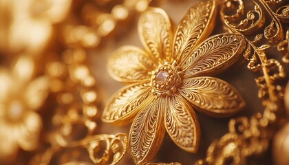 A close-up view of an intricate gold floral design, showcasing detailed craftsmanship and a sparkling centerpiece, highlighting elegant jewelry artistry.