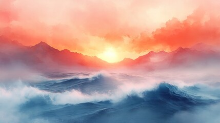Fototapeta premium Ocean waves crash against misty, sunset mountains.