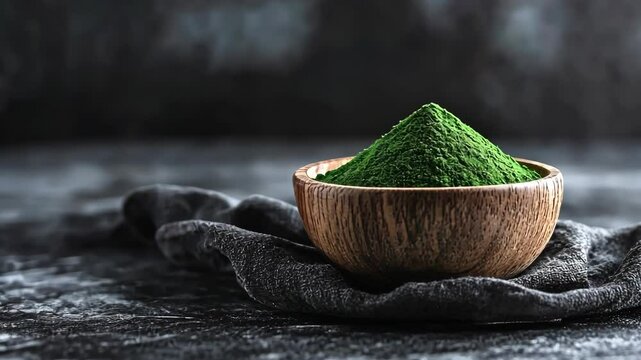 Natural green powder in a wooden bowl on a dark cloth background showcasing healthy living and nutrition tips