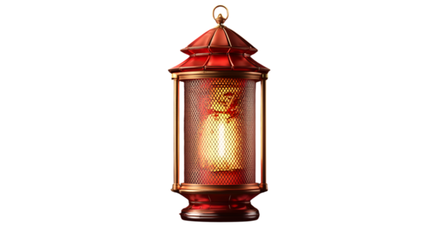 A red and gold lantern glowing in the dark, isolated on transparent 
