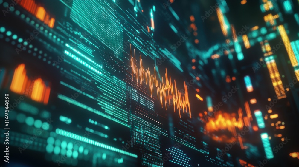 Poster futuristic digital financial graph displayed on a glowing screen. vibrant colors illustrate stock ma