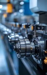 Fototapeta premium A close-up view of precision industrial machinery components, showcasing metallic parts designed for manufacturing processes.