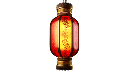 A red and gold lantern glowing in the dark, isolated on transparent 