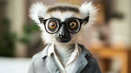 Uroczy lemur w profesjonalnym garniturze, z zaokrąglonymi okularami, patrzący z wyraźnym zdziwieniem, jakby coś go zaskoczyło.