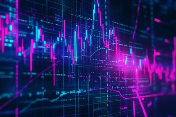 Cryptocurrency trading analysis with neon candlestick chart on dark blue background for investors
