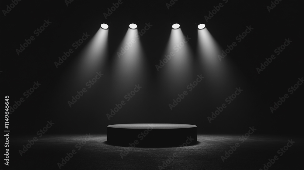 Poster spotlights illuminate a circular stage in a darkened performance space.