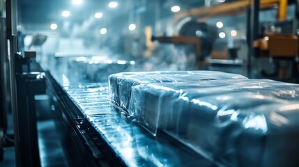 A production line in a factory with wrapped packages, illuminated by industrial lights, showcasing a modern manufacturing process.