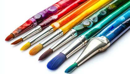 Fototapeta premium A vibrant array of paintbrushes in various colors, showcasing their bristles and artistic potential.