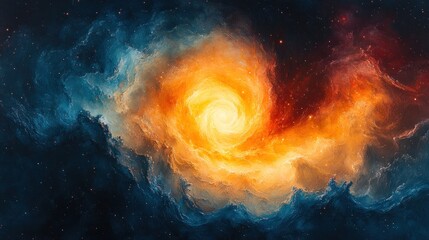 Fototapeta premium Cosmic swirl, fiery orange, deep blue, starry night.