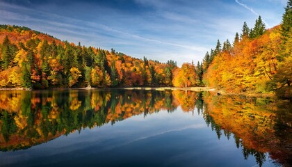 Generated image A tranquil lake reflects the vibrant colors of an autumn forest, creating a surreal