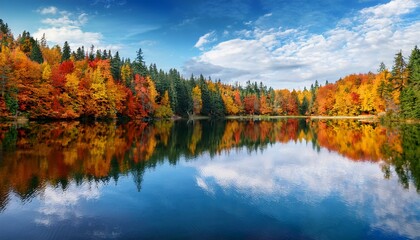 Fototapeta premium Generated image A tranquil lake reflects the vibrant colors of an autumn forest, creating a surreal