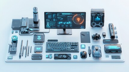 Futuristic Desk Setup with 3D Rendered Tools
