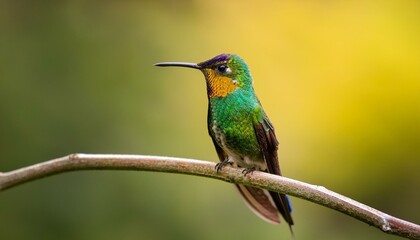 Fototapeta premium Generated image A vibrantly colored hummingbird with a long beak perches on a thin branch