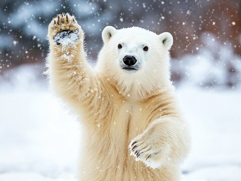  Adorable white polar bear waving cute and funny happy animal in winter snow. 