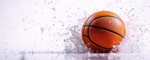 A basketball splashes through water, showcasing dynamic motion and energy in a vibrant, action-packed scene.