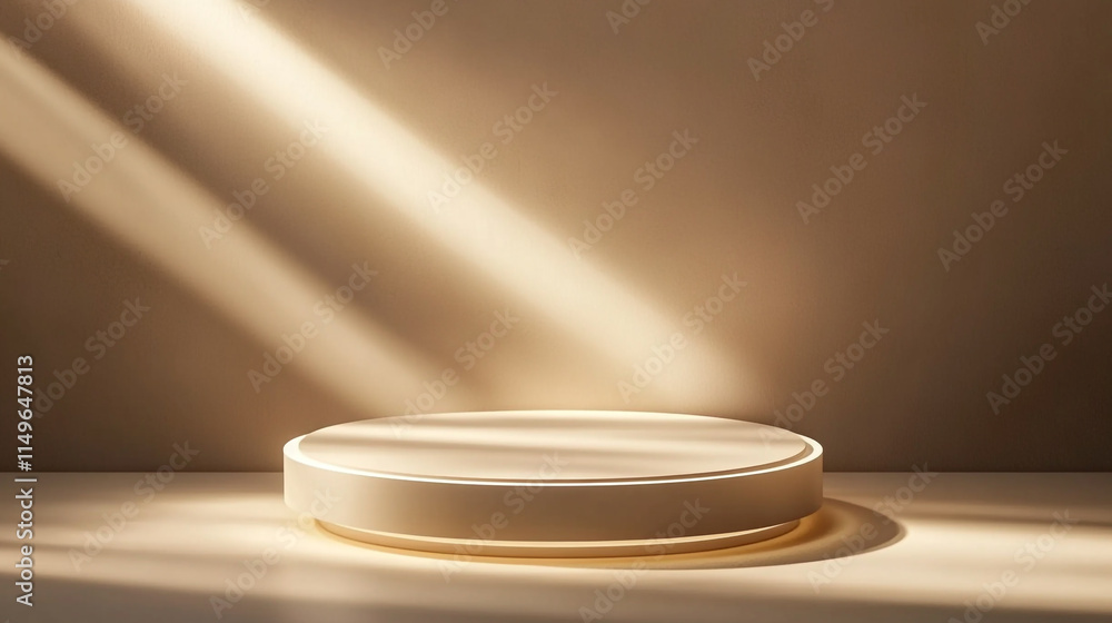 Poster soft light illuminates a circular display platform in a minimalist setting.